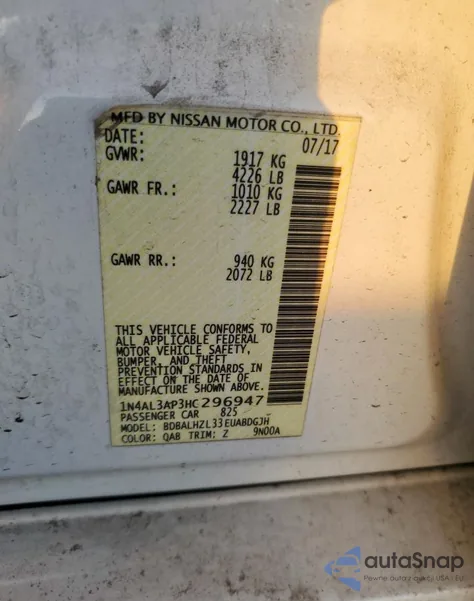 2017 Nissan Altima 2.5 из США, поврежденный, VIN 1N4AL3AP3HC296947